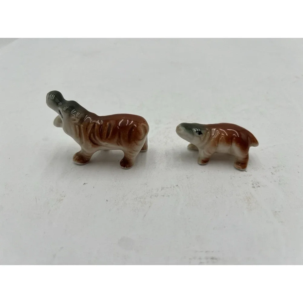 Vintage Miniature Porcelain Hippopotamus Figurines Pair Adult Baby Hippo